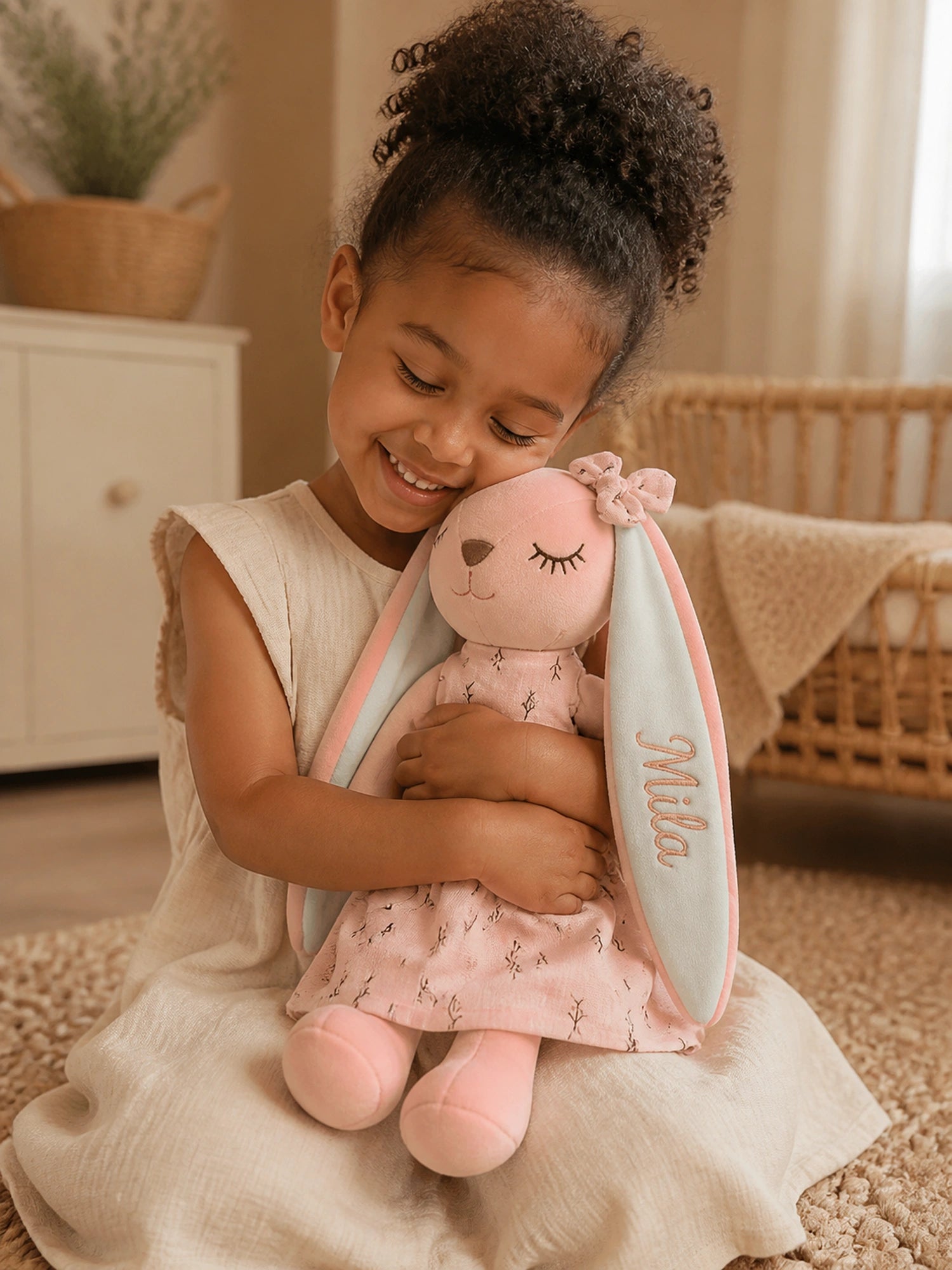 Pink plush bunny with an embroidered child's name