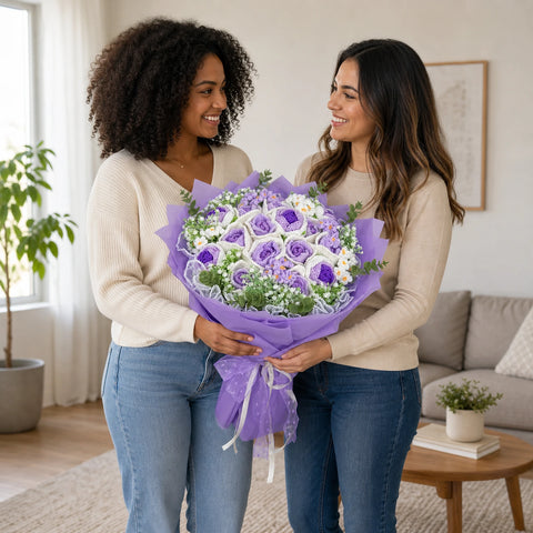 YSHomy Bouquet gigante all'uncinetto con rose rosa e bianche