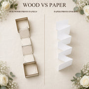 Comparaison de panneaux photo reliés en bois avec un insert photo plié en papier
