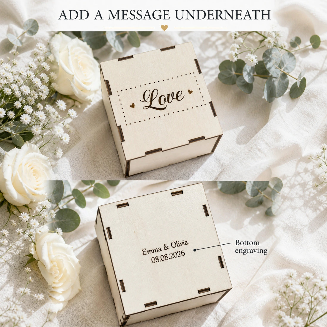 Boîte d’album photo en bois avec motif Love sur le couvercle et exemple de noms et date gravés sous la boîte