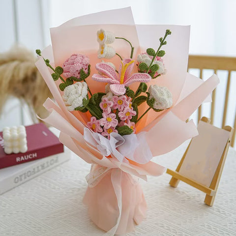 YSHomy Wrapped Crochet Flowers Bouquet with Pink Tulip & Rose & Lily of the Valley & Forget-Me-Not