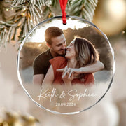 Personalised hanging ornament printed with a couple photo and names