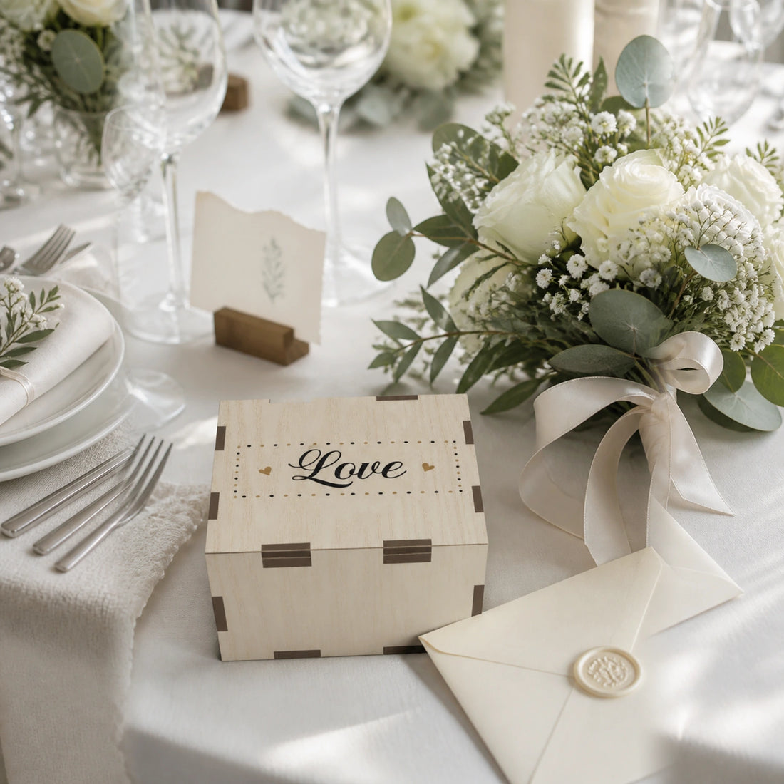 Boîte d’album photo en bois fermée avec motif Love sur une table de mariage près de fleurs et d’une enveloppe