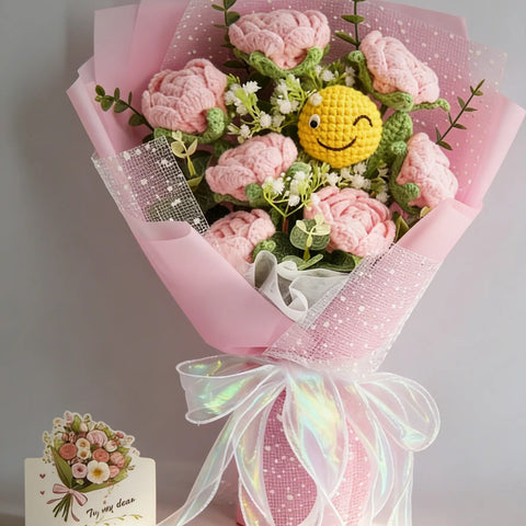 YSHomy Crochet Bouquet with Pink Roses & Emoji