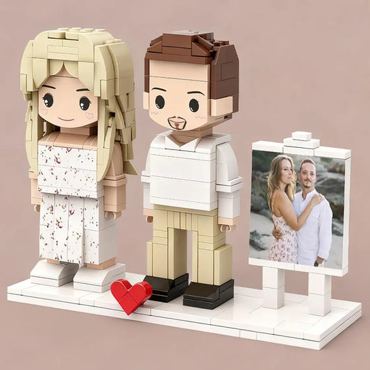 Custom brick figure built from a photo, easel style display