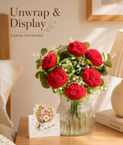 YSHomy Crochet Pure Red Rose Bouquet with Red Wrapping