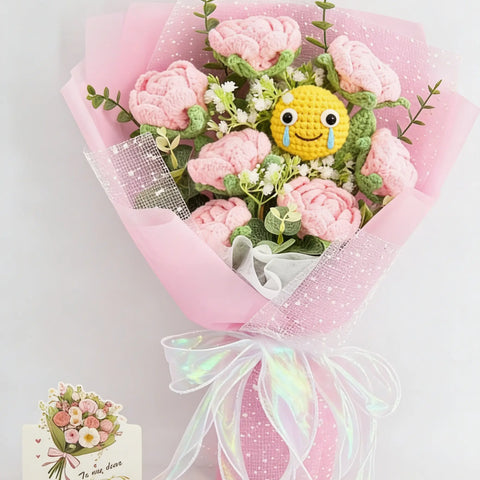 YSHomy Crochet Bouquet with Pink Roses & Emoji