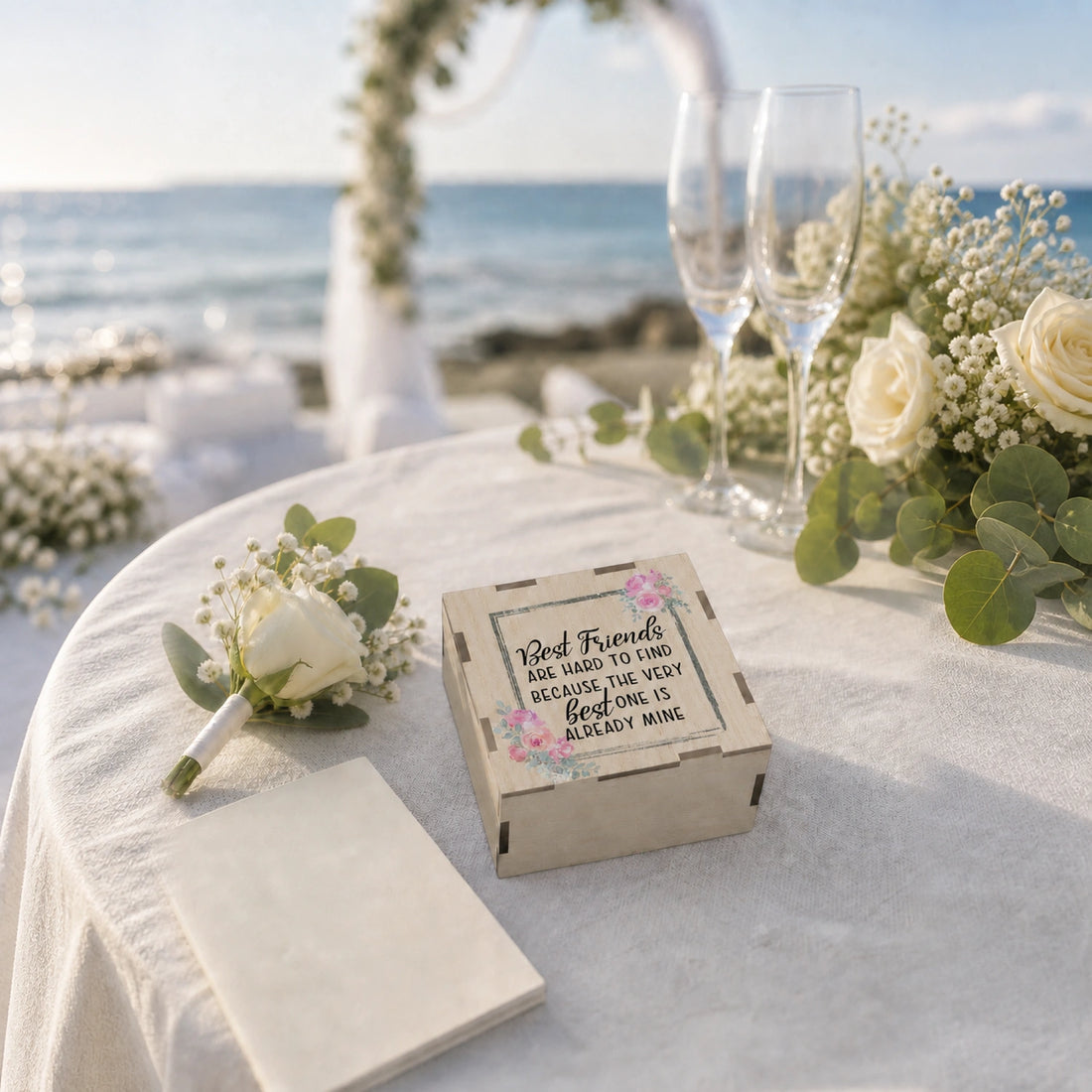 Boîte d’album photo en bois Best Friends présentée sur une table de mariage en bord de mer