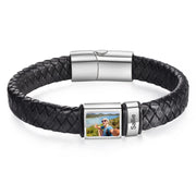 Leather bracelet with a photo charm and engraved beads