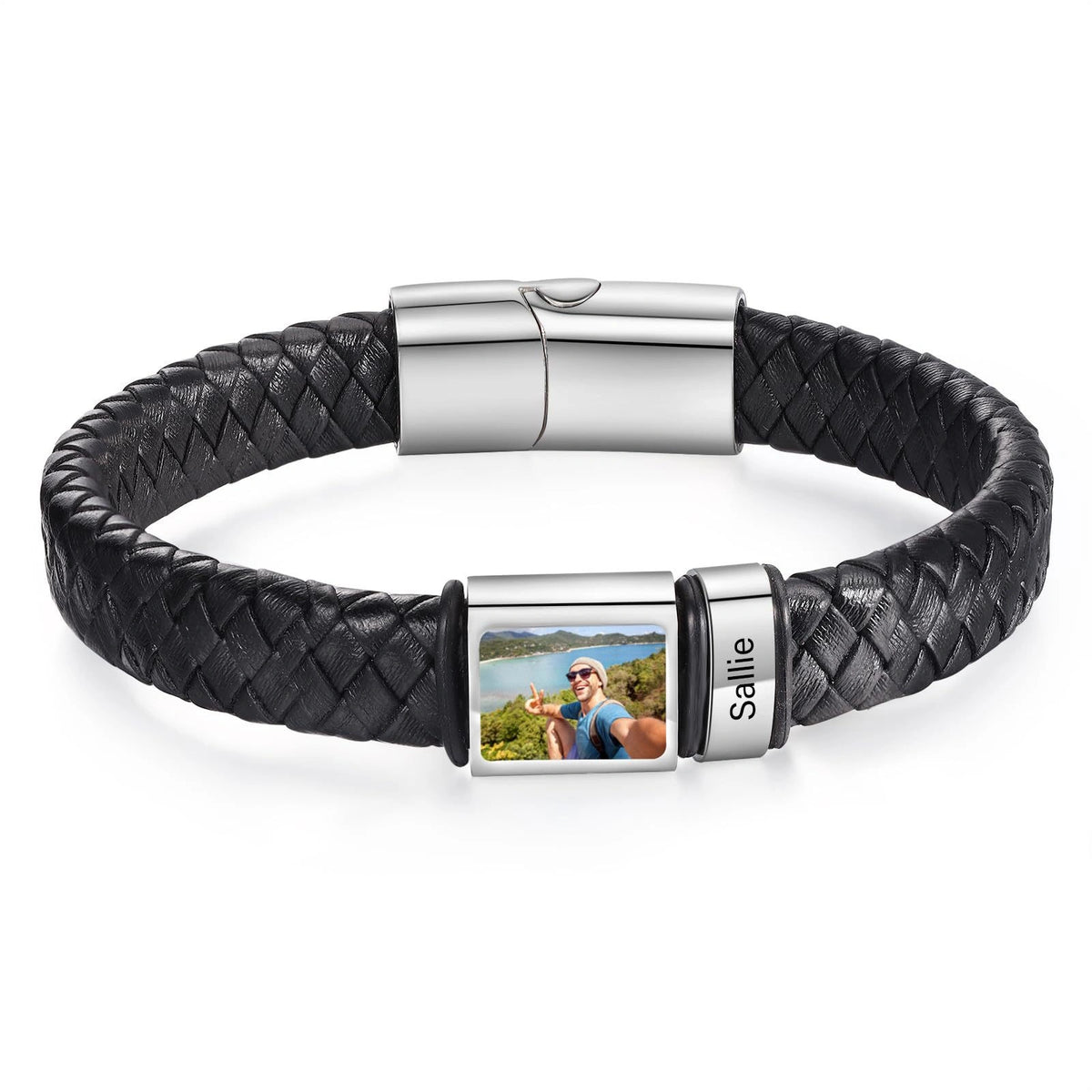 YSHomy Personalized Photo Leather Bracelet with Engraved Beads