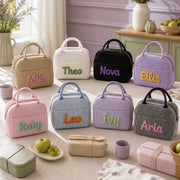 Corduroy lunch bag with embroidered name and patches