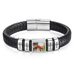 YSHomy Personalized Photo Leather Bracelet with Engraved Beads