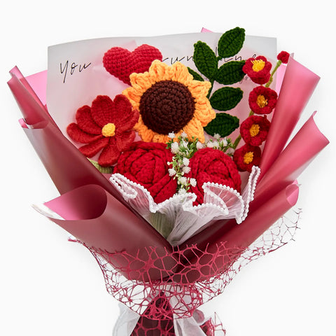 YSHomy Red Crochet Rose Sunflower Bouquet