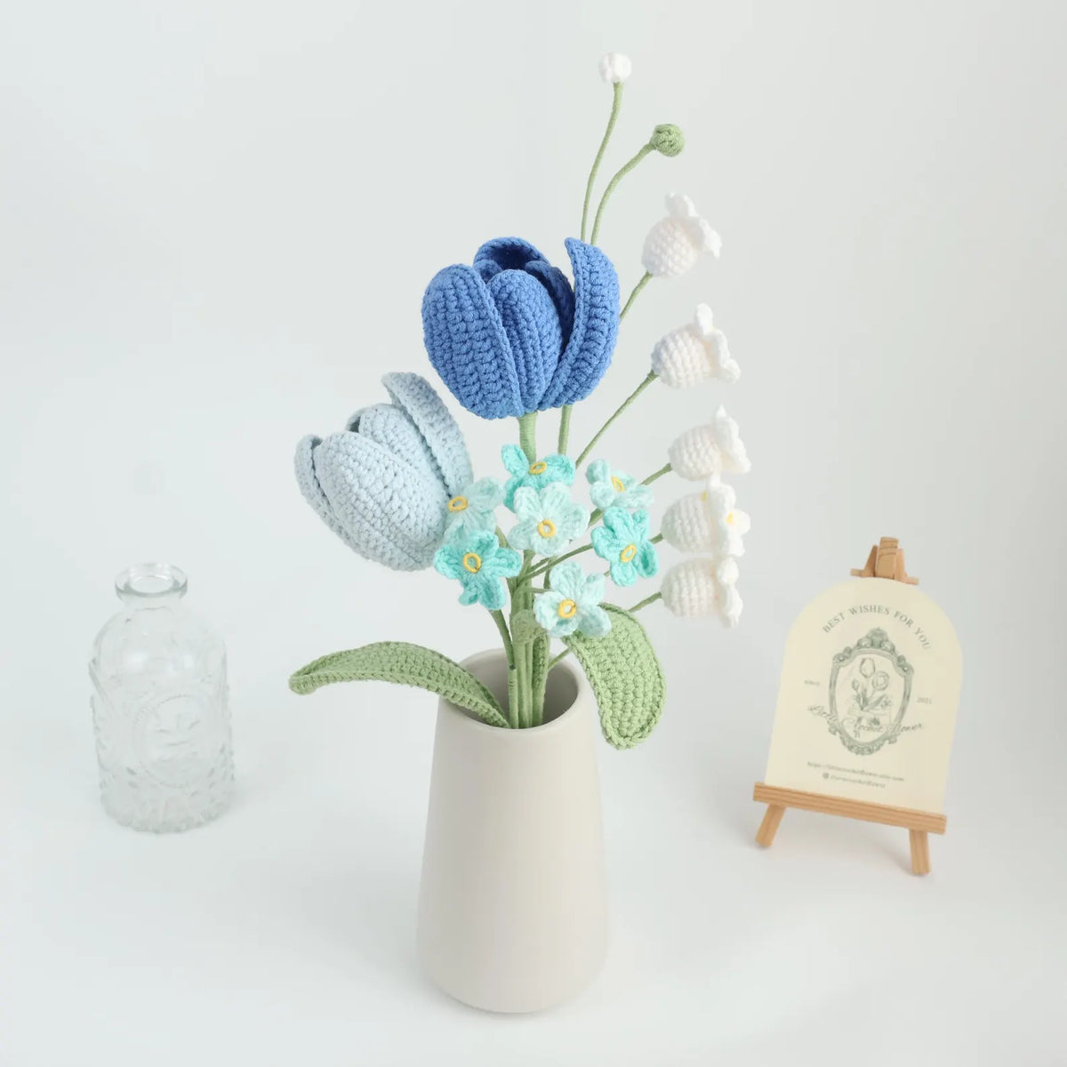 YSHomy Serie Azul de Flores de Ganchillo (sin jarrón)