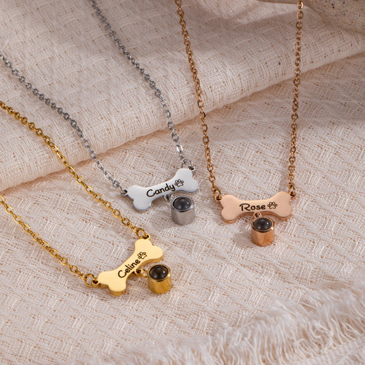 18K gold-plated dog name necklace with a hidden photo bead