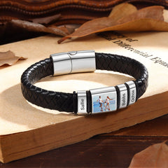 YSHomy Personalized Photo Leather Bracelet with Engraved Beads