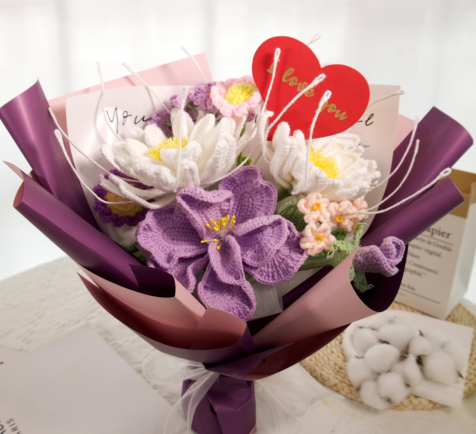 YSHomy Crochet Flowers Bouquet with Night of the Queen Flower in Purple Wrapping