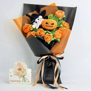 Crochet Halloween bouquet with jack-o-lantern, ghost and orange flowers