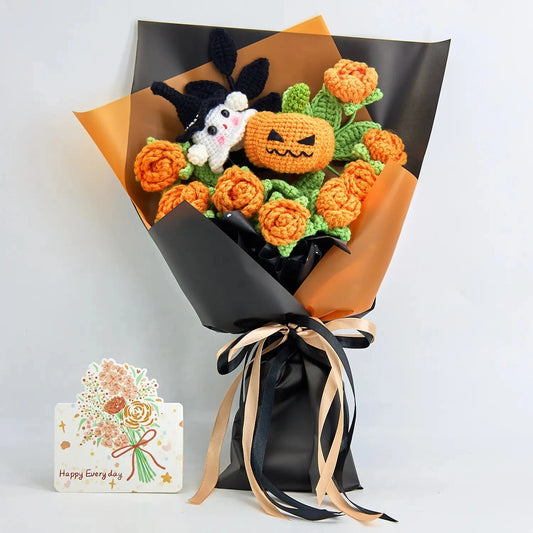 Crochet Halloween bouquet with jack-o-lantern, ghost and orange flowers