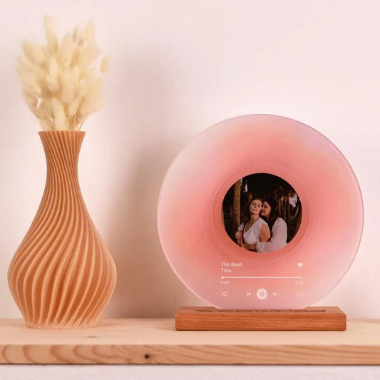 Vinyl record style night light printed with a custom photo and song