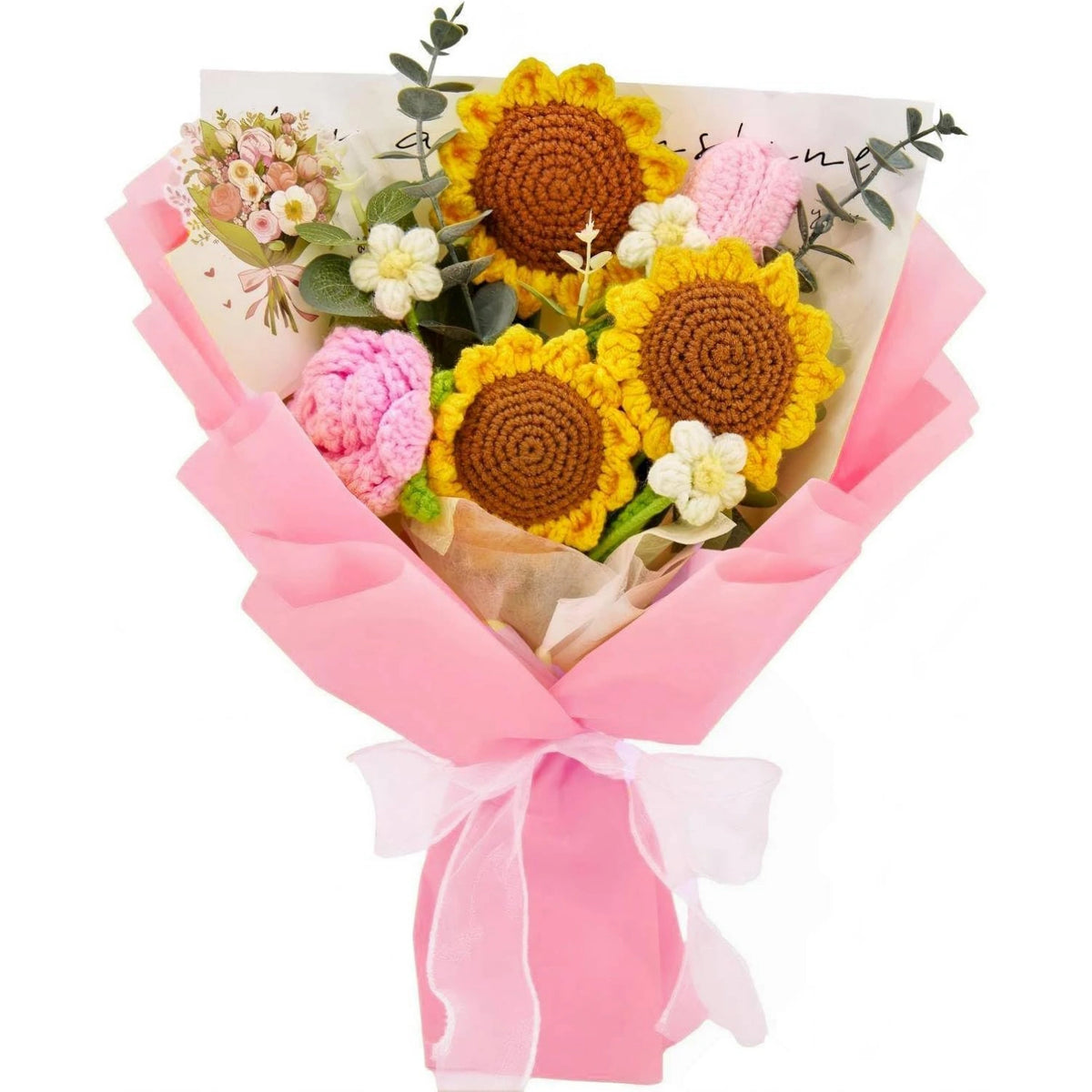 YSHomy Crochet Sunflower Rose Tulip Bouquet with Pink Wrapping