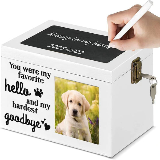Wooden pet memorial urn with photo area and chalkboard top