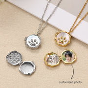 Shell inlay cat paw necklace holding personalised photos