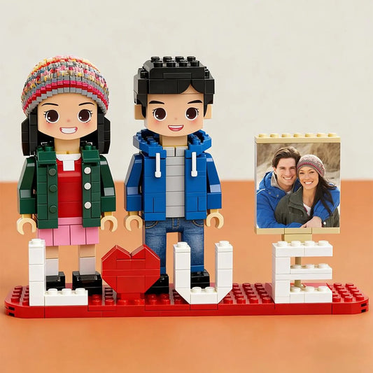 Custom couple brick figure set with LOVE lettering