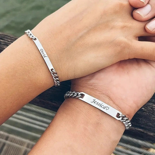 Stainless steel couple bracelets with personalised engraving
