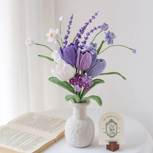 Bundle of purple crochet flowers supplied without a vase