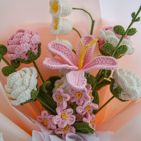 YSHomy Wrapped Crochet Flowers Bouquet with Pink Tulip & Rose & Lily of the Valley & Forget-Me-Not