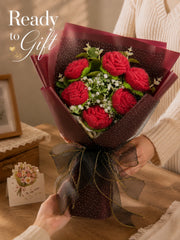 YSHomy Crochet Pure Red Rose Bouquet with Red Wrapping