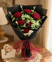 YSHomy Crochet Dark Red Rose Bouquet with Black Wrapping