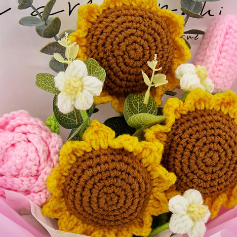 YSHomy Crochet Sunflower Rose Tulip Bouquet with Pink Wrapping