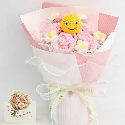 YSHomy Round Crochet Pink & White Emoji Bouquet with Rose