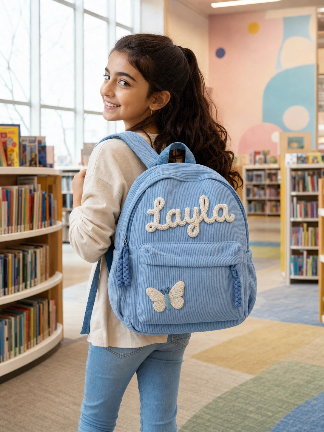 Niña con mochila azul de pana, nombre bordado y parche de mariposa en una biblioteca