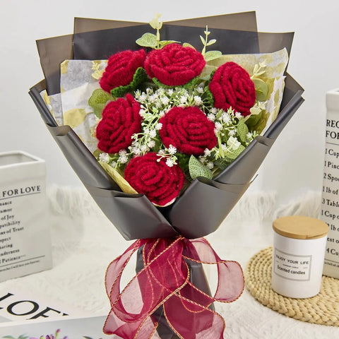 YSHomy Crochet Pure Red Rose Bouquet with Black