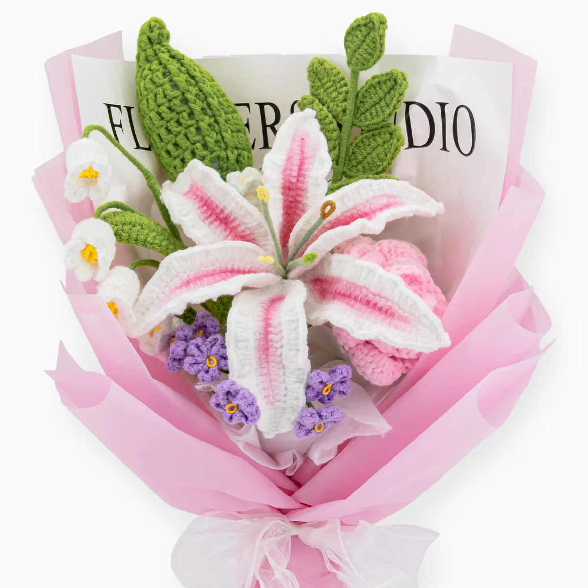 YSHomy Crochet Pink & White Lily Rose Bouquet