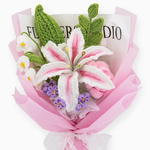 YSHomy Crochet Pink & White Lily Rose Bouquet