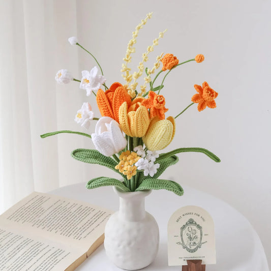 Bundle of yellow crochet flowers supplied without a vase