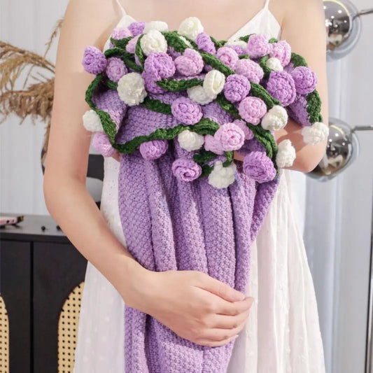 Crochet flower blanket in purple and white roses