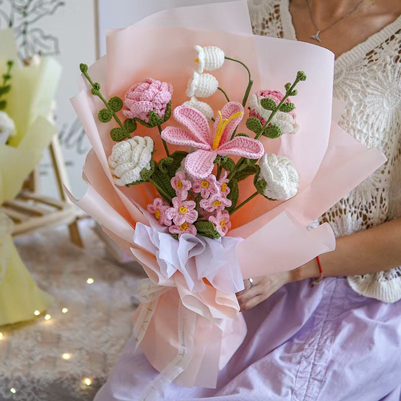 YSHomy Wrapped Crochet Flowers Bouquet with Pink Tulip & Rose & Lily of the Valley & Forget-Me-Not