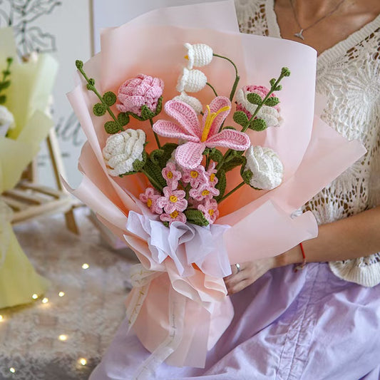 YSHomy Wrapped Crochet Flowers Bouquet with Pink Tulip & Rose & Lily of the Valley & Forget-Me-Not 800