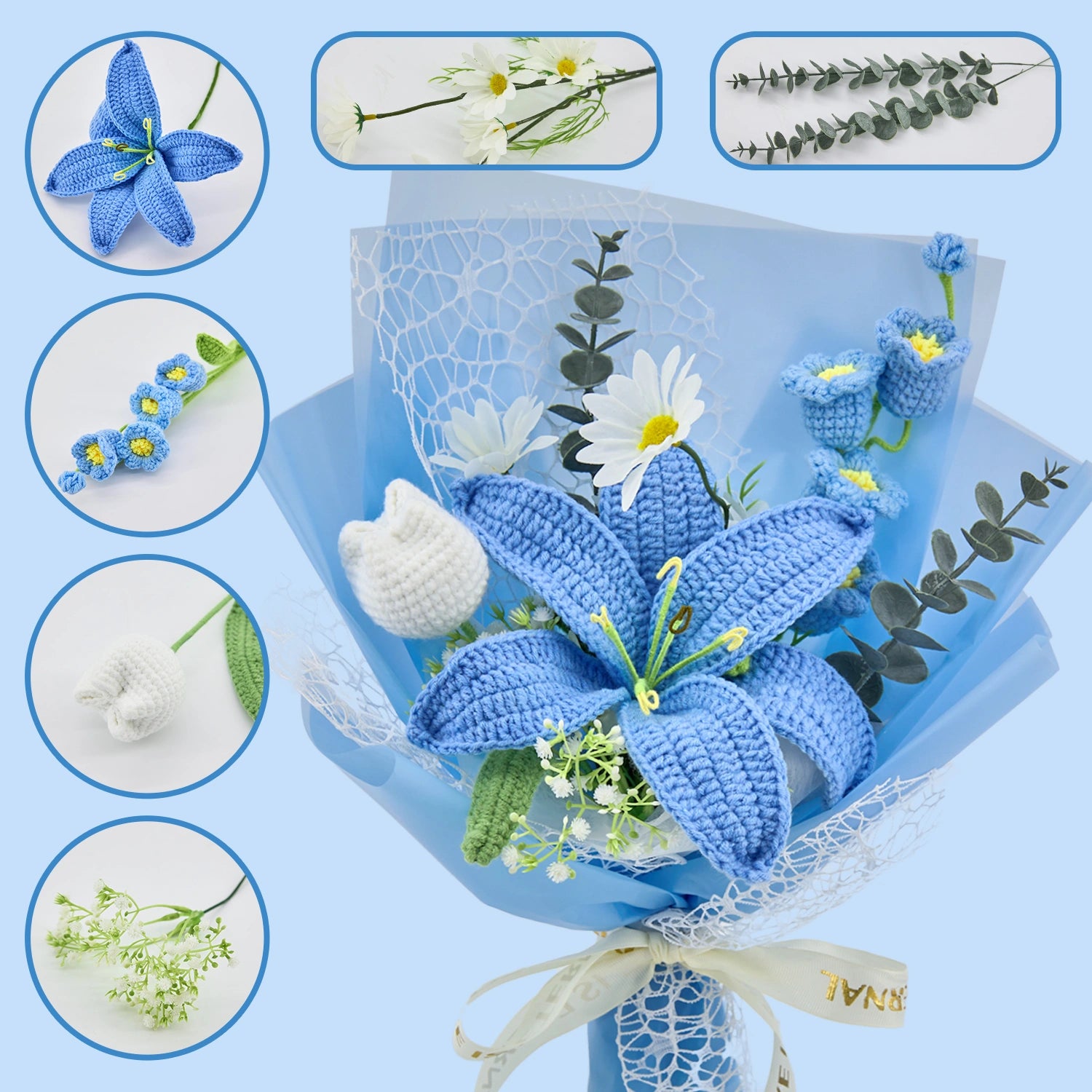 YSHomy Crochet Big Lily Flower Bouquet-Blue