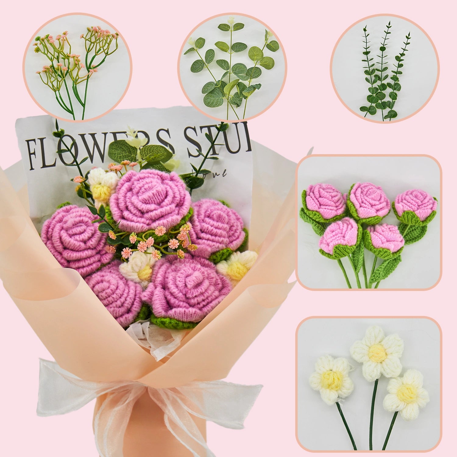 YSHomy Crochet Pure Pink Rose Bouquet