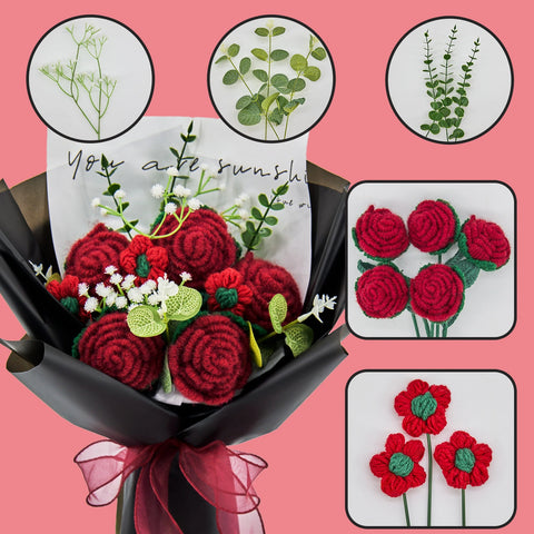 YSHomy Crochet Red Rose Bouquet with Black Wrapping