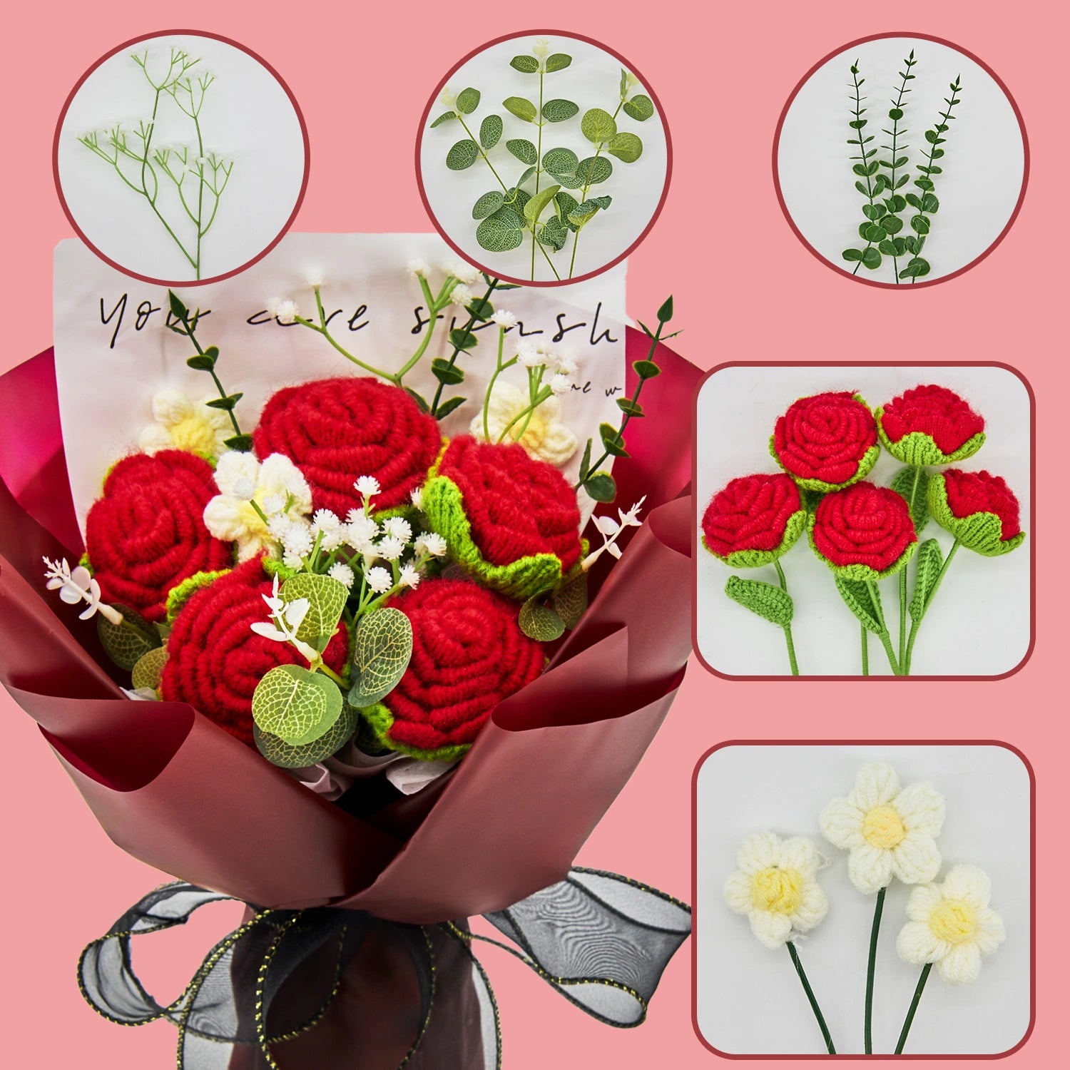 YSHomy Crochet Pure Red Rose Bouquet