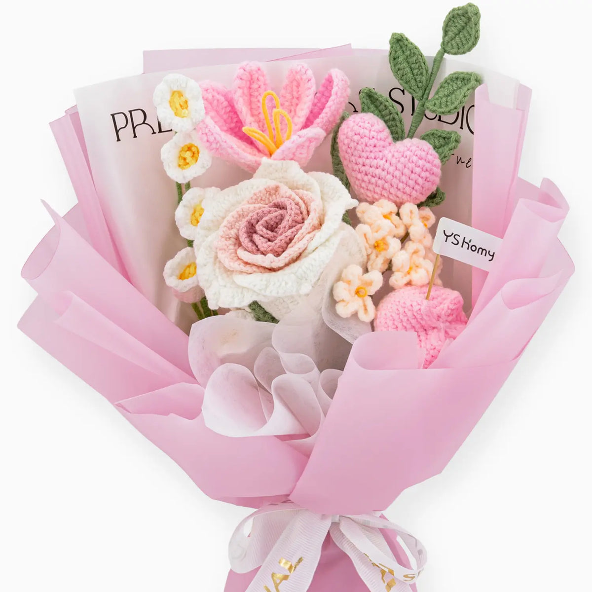 YSHomy Crochet Thai Rose Tulip Heart Bouquet-Pink
