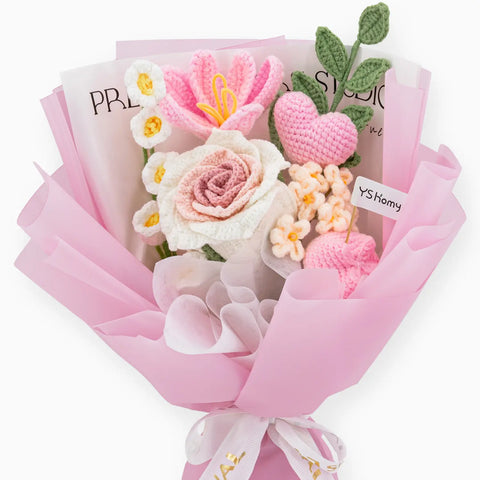 YSHomy Crochet Thai Rose Tulip Heart Bouquet-Pink