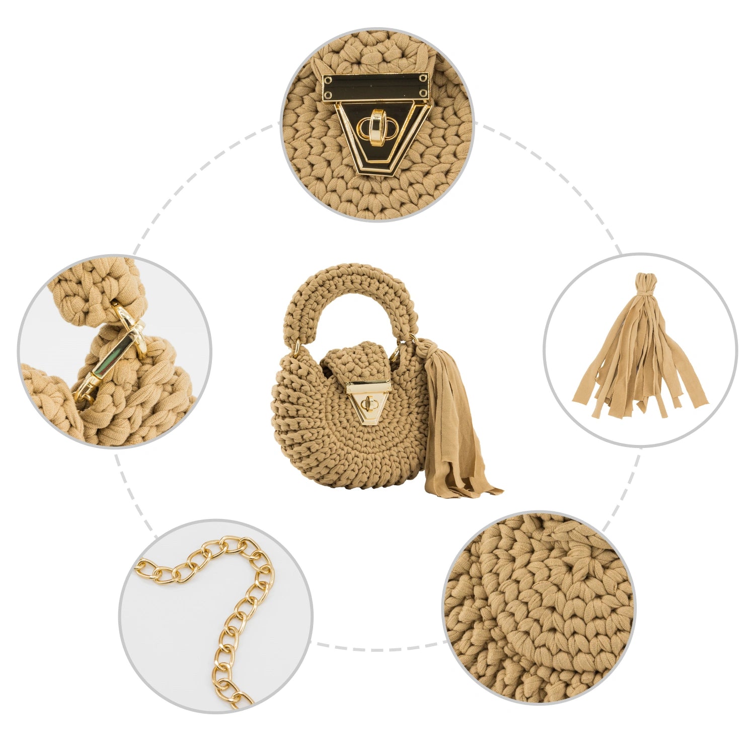 YSHomy Handmade Crochet Round Crossbody Handbag with Tassels for Women